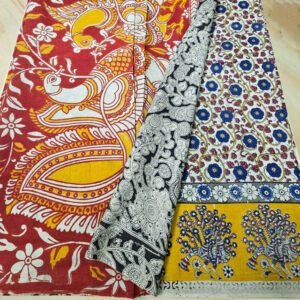 Srikalahasthi Kalamkari Handprinted Cotton Saree Paisley Print Design Red, Yellow, and Blue