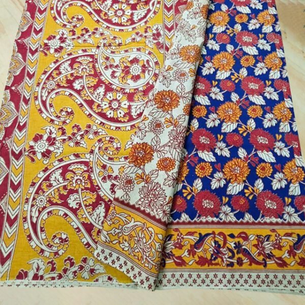 Srikalahasthi Kalamkari Handprinted Cotton Saree Paisley Print Design Yellow, Maroon and Blue