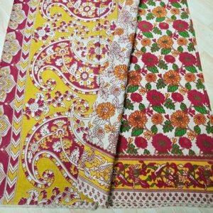 Srikalahasthi Kalamkari Handprinted Cotton Saree Paisley Print Design Yellow, White and Maroon