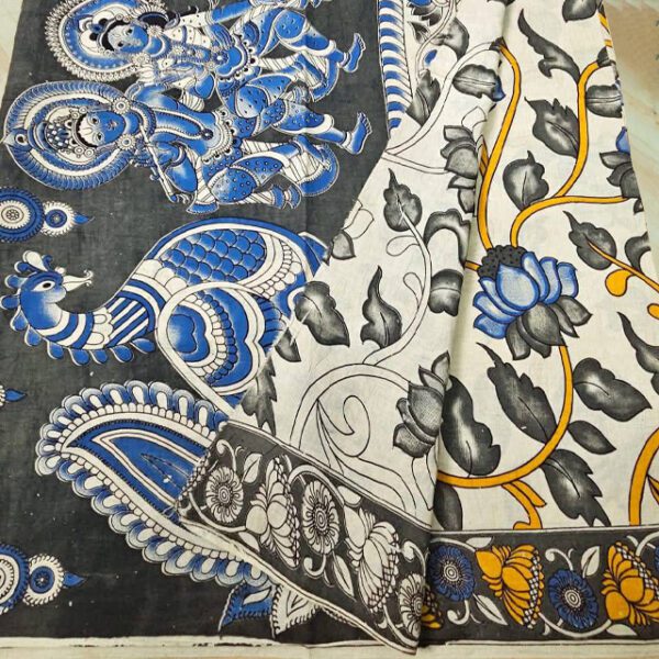 Srikalahasthi Kalamkari Handprinted Cotton Saree paisley print design Blue, yellow, and White