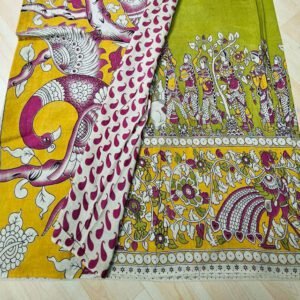 Srikalahasthi Kalamkari Handprinted Cotton Saree paisley print design Pink, Green, and Yellow