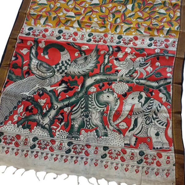 Srikalahasthi Kalamkari Silk Multicolor Saree Mustard Yellow, Red and Grey