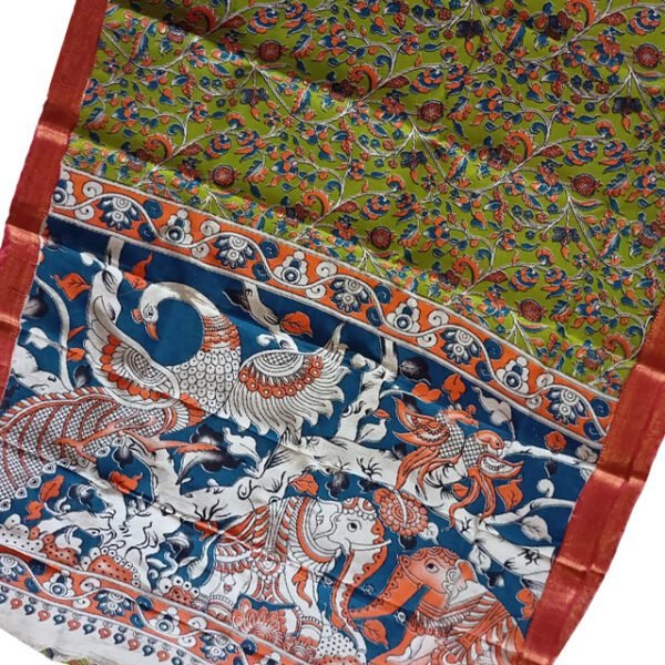 Srikalahasthi Kalamkari Silk Multicolor Saree Orange, Blue and Green