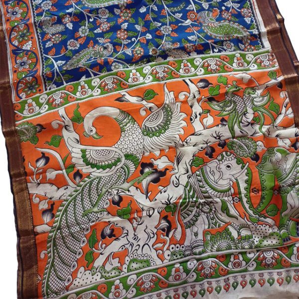 Srikalahasthi Kalamkari Silk Multicolor Saree Parrot Green, Orange and Blue