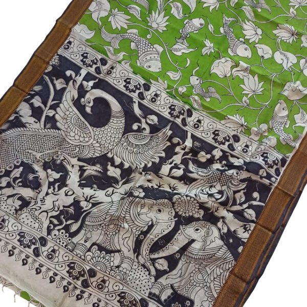 Srikalahasthi Kalamkari Silk Saree Parrot Green and Black