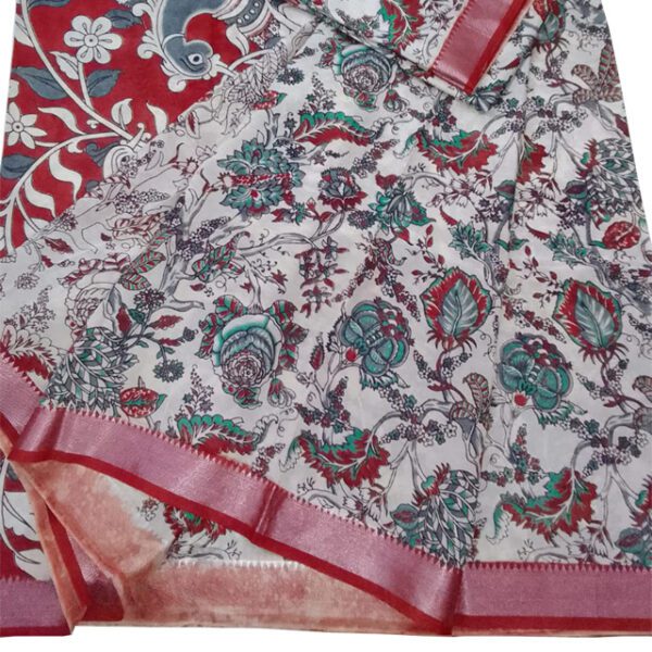 Srikalahasthi Kalamkari Silk Floral Design Saree with Black Border