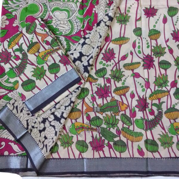 Srikalahasthi Kalamkari Silk Floral Saree with Silver & Black Border