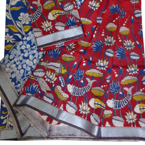 Srikalahasthi Kalamkari Silk Red & Blue Saree with Black Border