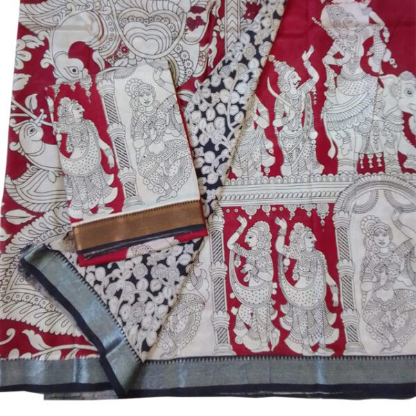 Srikalahasthi Kalamkari Silk Red & White Saree with Black Border