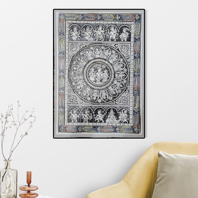 Orissa Pattachitra Monochrome Artwork Krishna's Raslila with Gopis