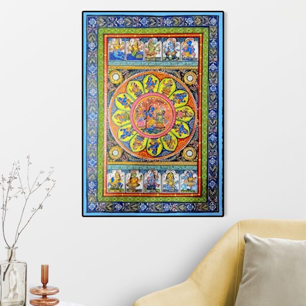 Orissa Pattachitra Painting of Krishna Raslila Surrounded by Dashavatara and Deities