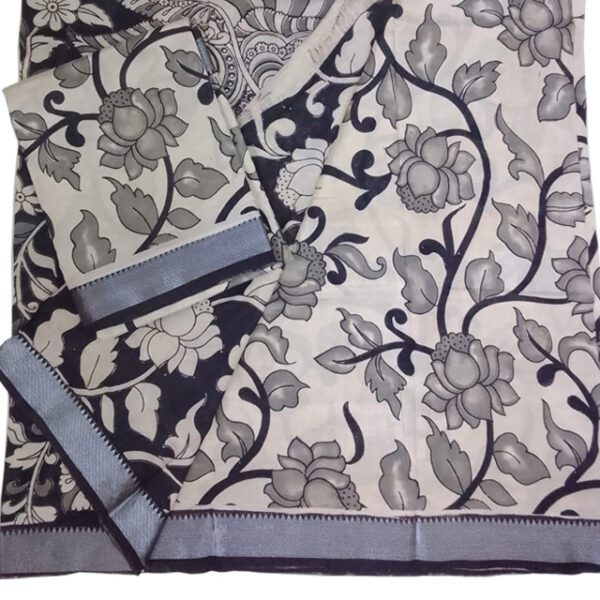 Srikalahasthi Kalamkari Silk Black & White Saree