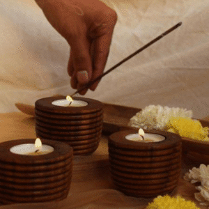 Saharanpur Wood Ribbed Tea Light Candle Holder