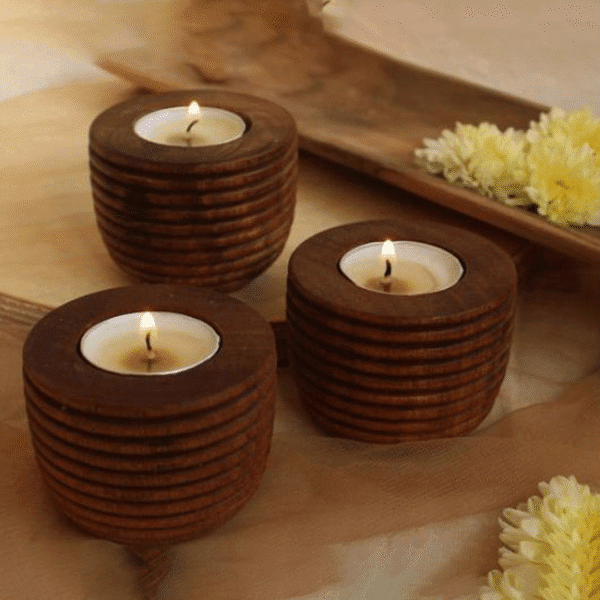 Saharanpur Wood Ribbed Tea Light Candle Holder