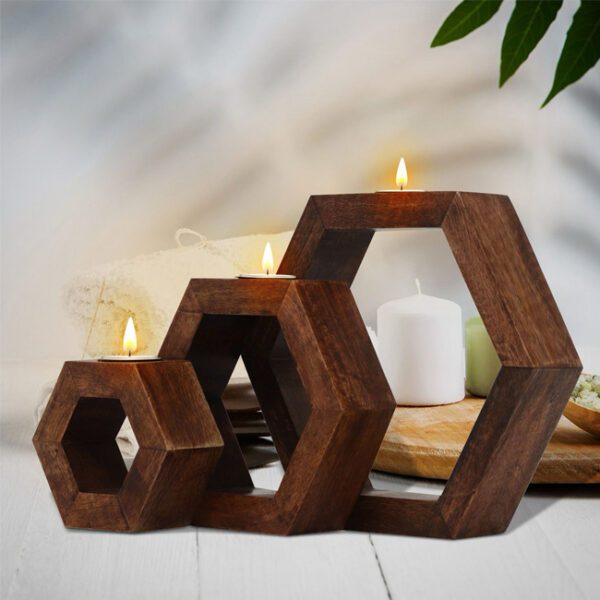 Saharanpur Wood Hexagon Tea Light Candle Holder