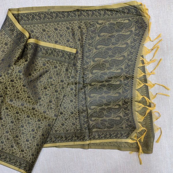 Banarasi Cotton Silk Stole Olive Green with Golden Border