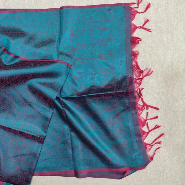 Banarasi Silk Stole Teal Blue with Pink Border