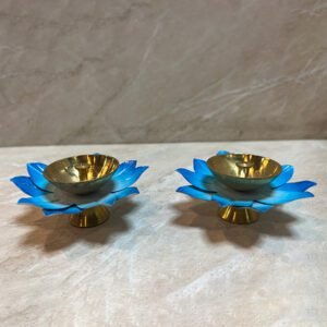 Moradabad Metal Craft Brass Lotus Diya Blue