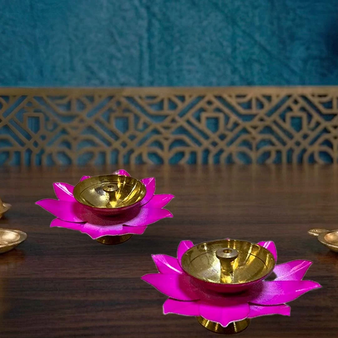 Moradabad Metal Craft Brass Lotus Diya Pink