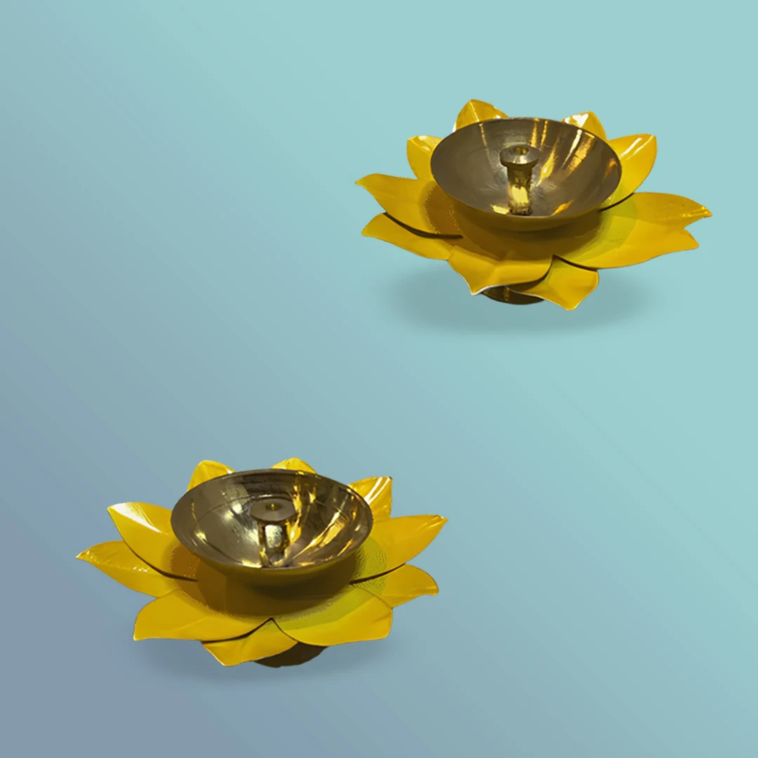 Moradabad Metal Craft Brass Lotus Diya Yellow - Image 2