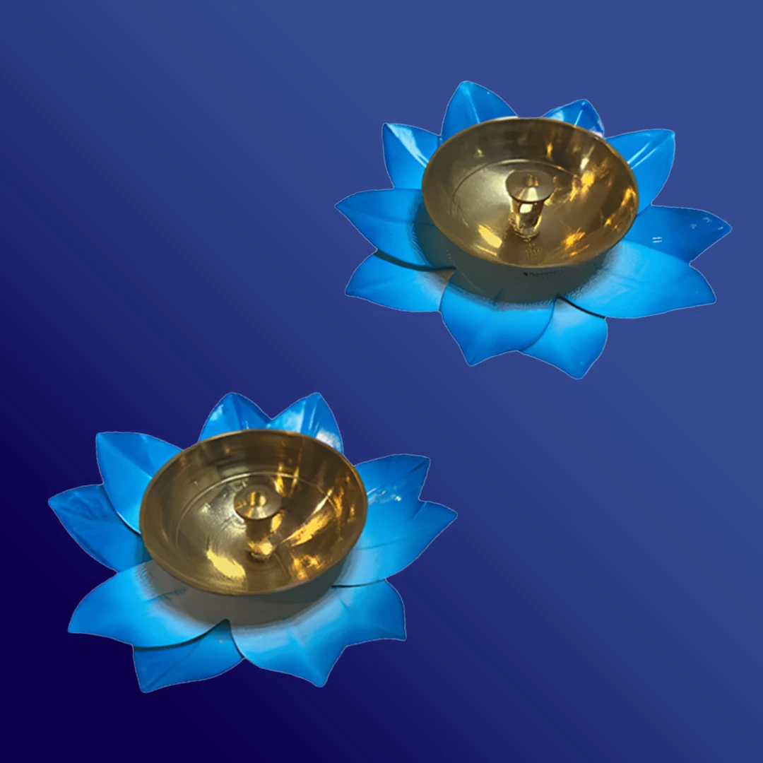 Moradabad Metal Craft Brass Lotus Diya blue