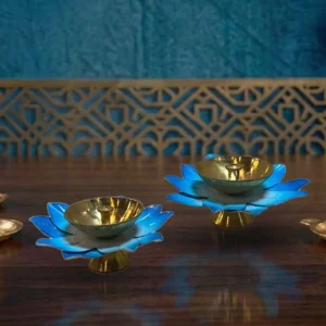 Moradabad Metal Craft Brass Lotus Diya blue