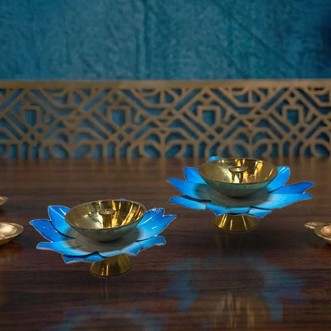 Moradabad Metal Craft Brass Lotus Diya blue