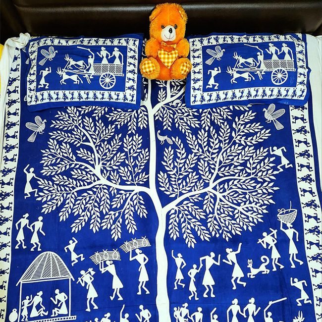 Pilkhuwa Hand Block Print Textile Large Tree and Rural Life Art Design Bedsheet with Pillow Cover Set