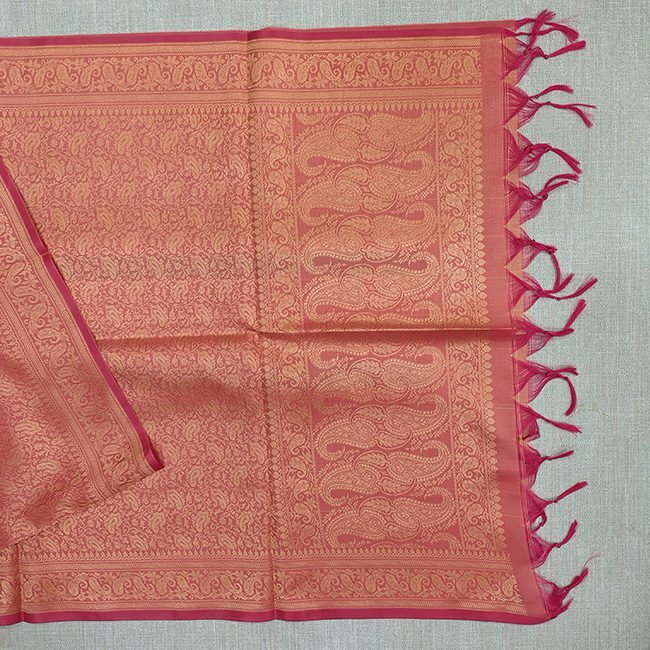 Banarasi Silk Stole Peach Pink with Pink Border and Tassels
