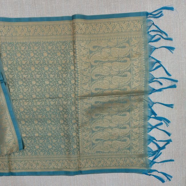 Banarasi Silk Stole Teal Blue with Blue Border and Tassels