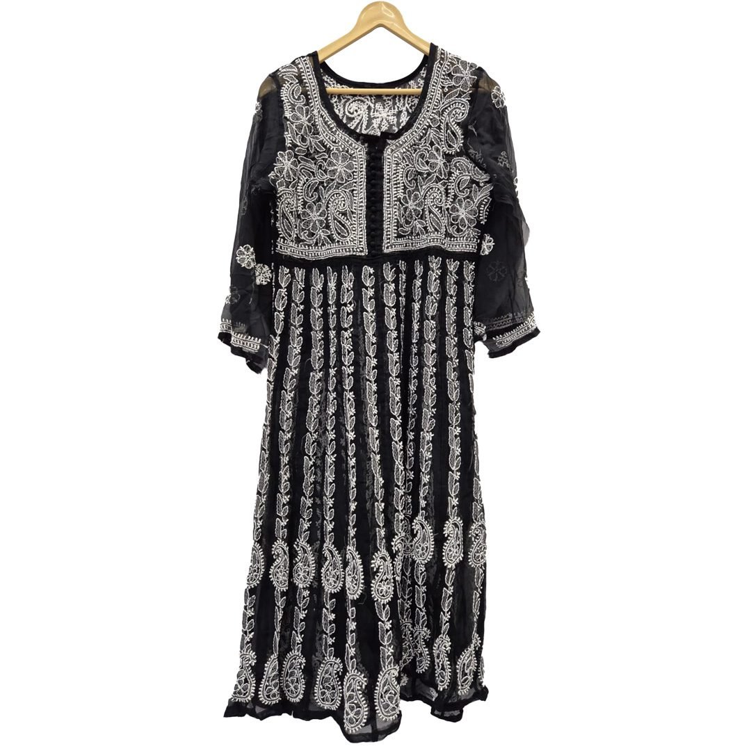 Lucknow Chikan Craft Anarkali Kurta Black