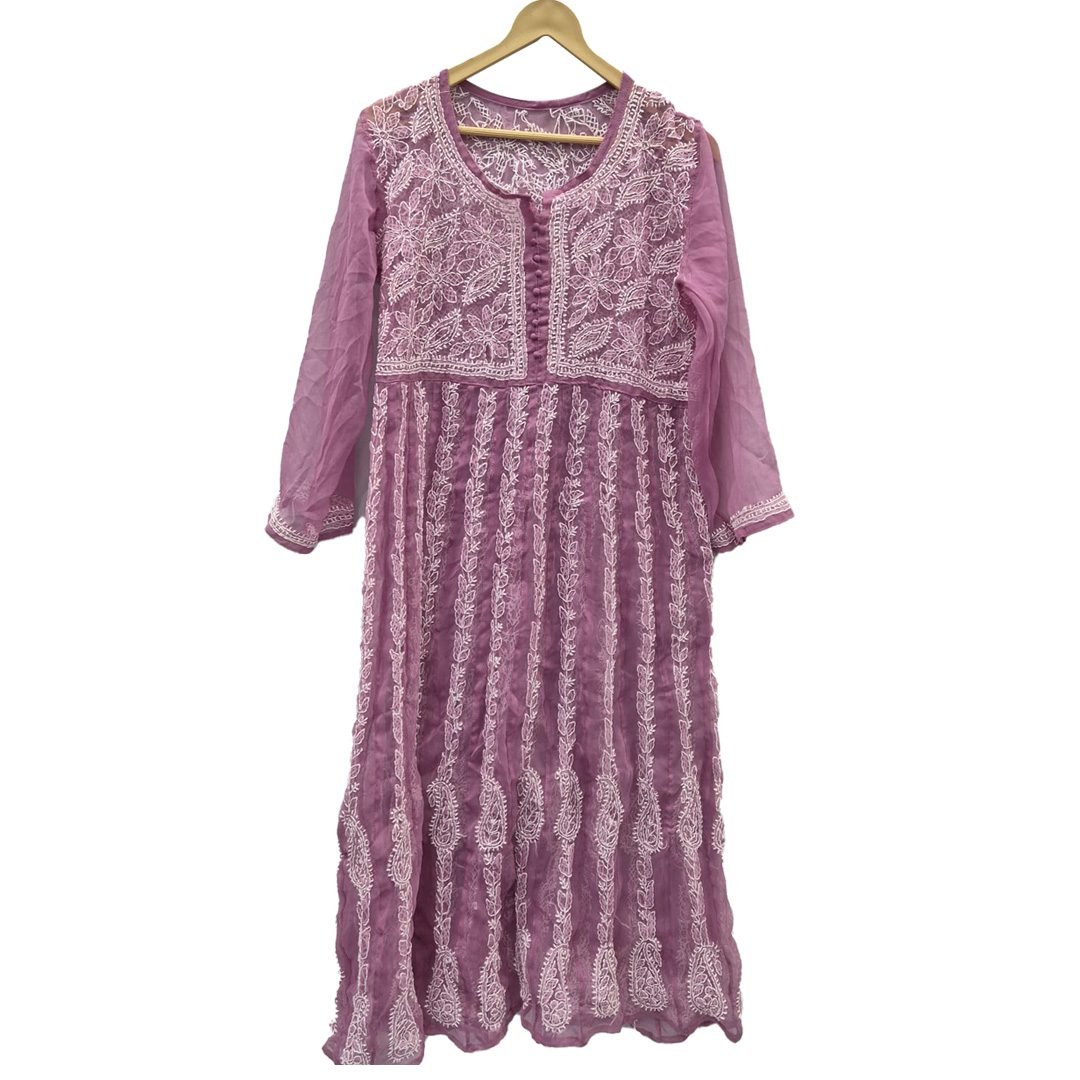 Lucknow Chikan Craft Anarkali Kurta Lavender