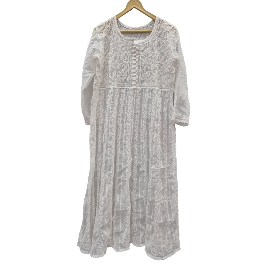 Lucknow Chikan Craft Anarkali Kurta White