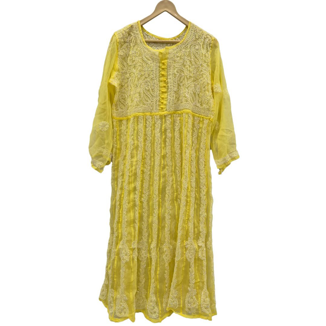 Lucknow Chikan Craft Anarkali Kurta Yellow