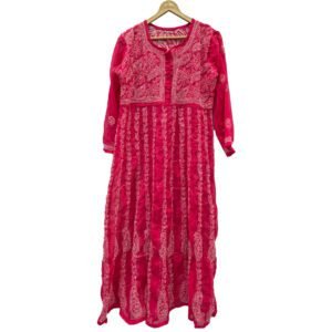 Lucknow Chikan Craft Anarkali Red