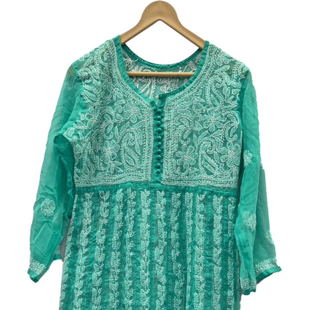 Lucknow Chikan Craft Aqua Green Anarkali Kurta