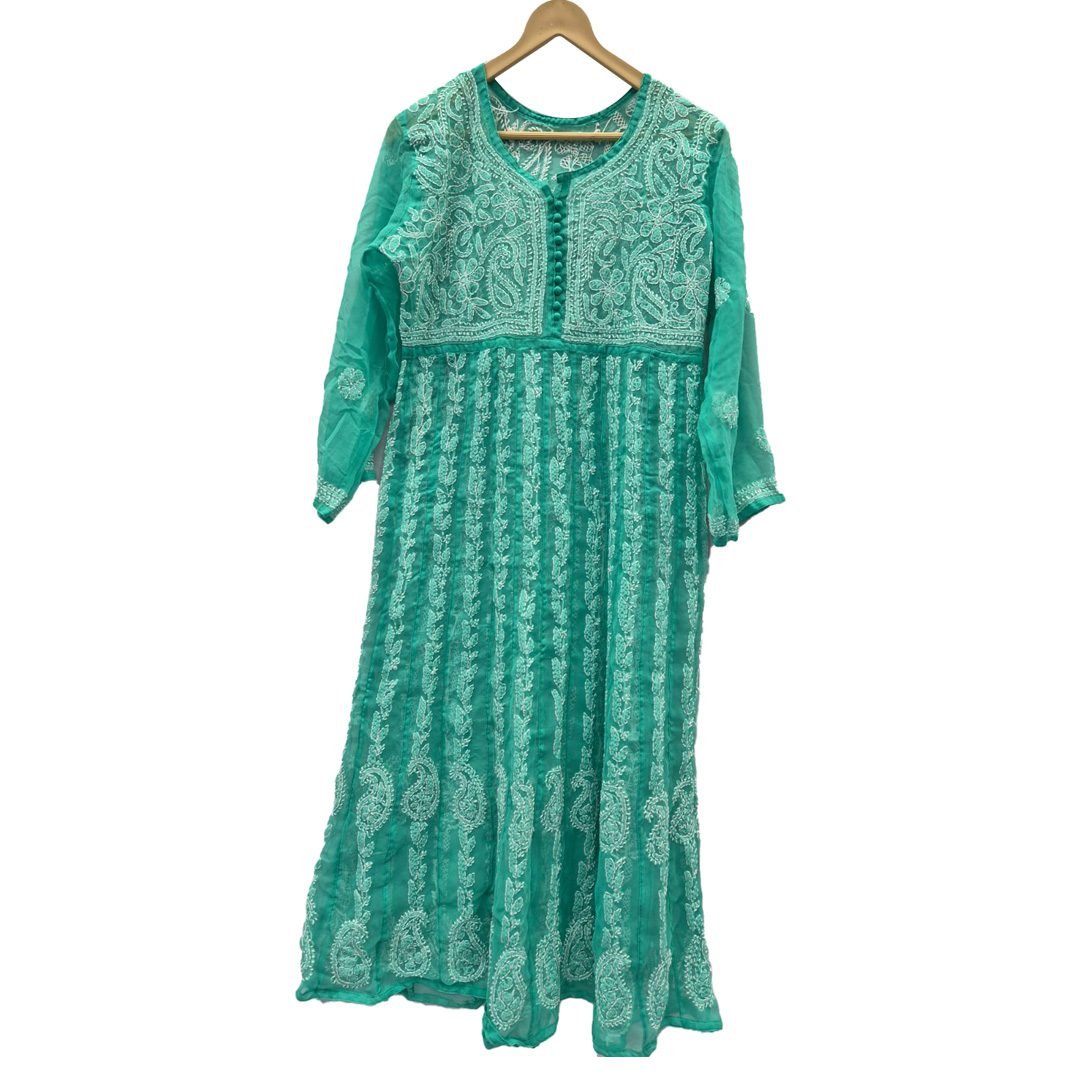 Lucknow Chikan Craft Aqua Green Anarkali Kurta