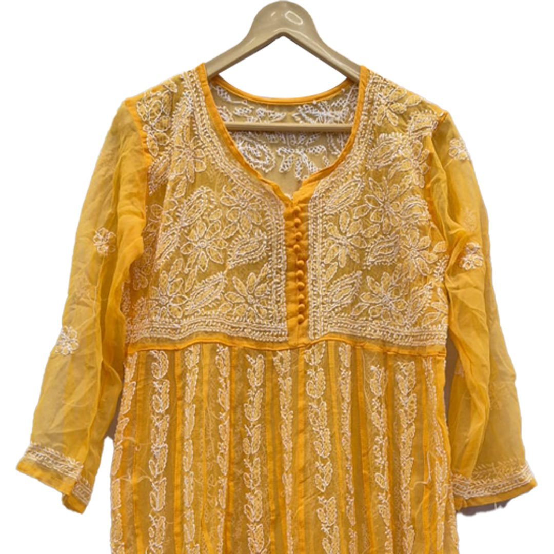 Lucknow Chikan Craft Mustard Yellow Anarkali Kurta