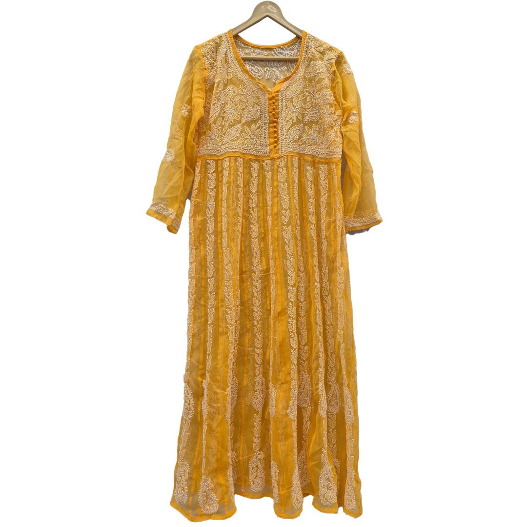 Lucknow Chikan Craft Mustard Yellow Anarkali Kurta