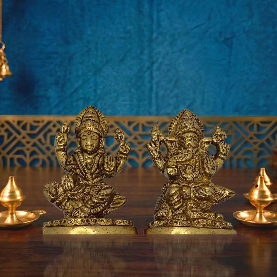 Moradabad Metal Craft Goddess Lakshmi and Lord Ganesha Brass Idol