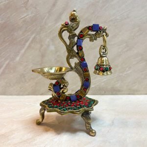 Moradabad Metal Craft Peacock Trinity Brass Diya with Bell