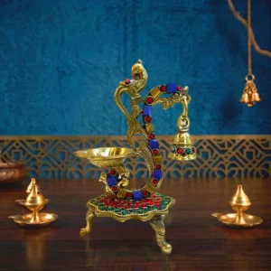 Moradabad Metal Craft Peacock Trinity Brass Diya with Bell