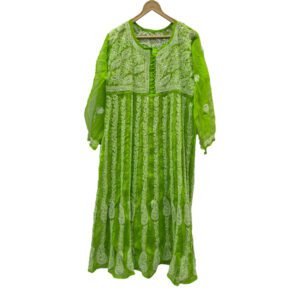 Lucknow Chikan Craft Vibrant Green Anarkali Kurta