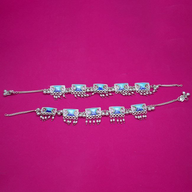 Banaras Gulabi Meenakari Silver Anklet