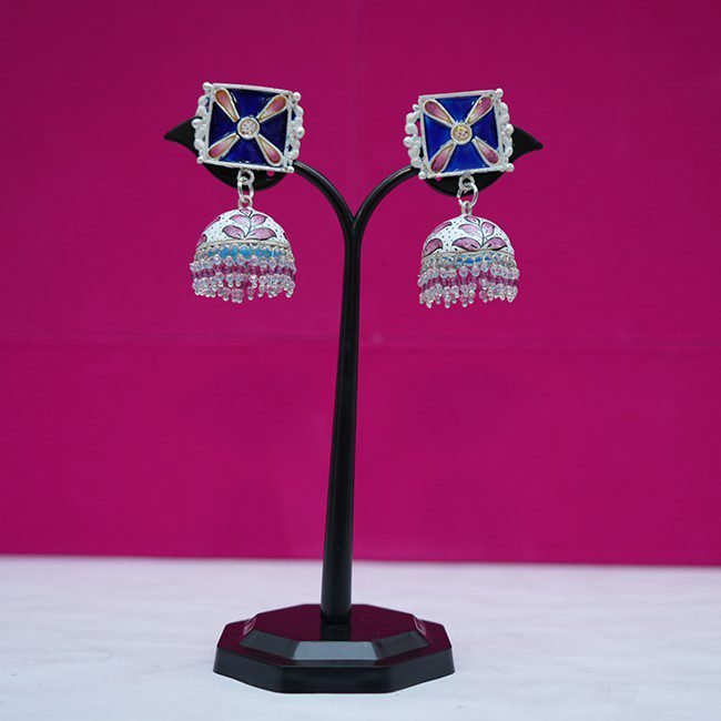 Banaras Gulabi Meenakari Silver Earrings