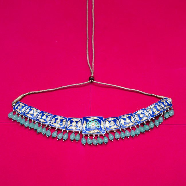 Gulabi Meenakari Silver Necklace with Beads