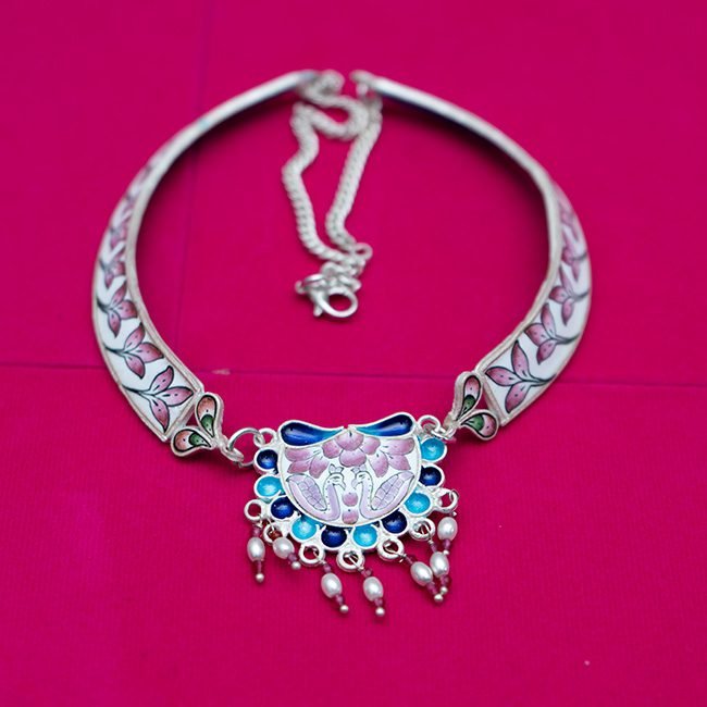Banaras Gulabi Meenakari Silver Hasli Necklace