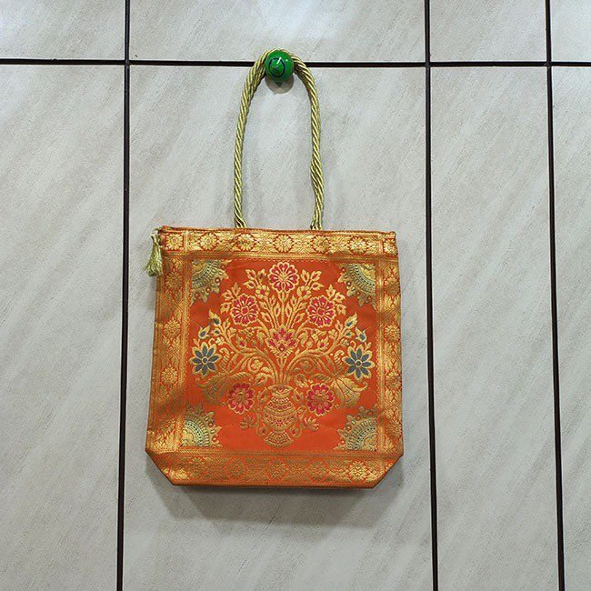 Floral Kalash Design Banarasi Bag Orange
