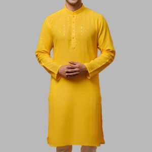 Men Yellow Sequin Work Chikankari Kurta