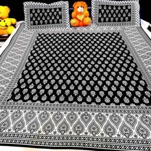 Pilkhuwa Hand Block Print Black and White Bedsheet with Pillow Cover Set